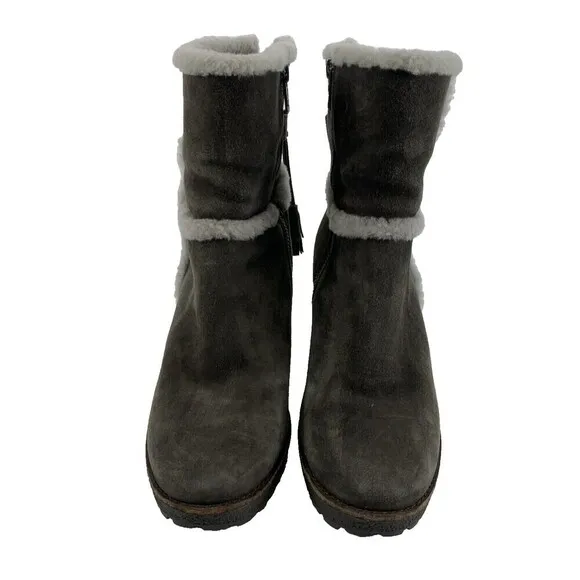 Frye Jen Shearling Short Block Heel Boots Gray Smoke Suede Ankle Zip Womens 8