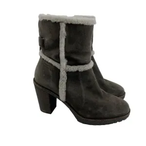 Frye Jen Shearling Short Block Heel Boots Gray Smoke Suede Ankle Zip Womens 8