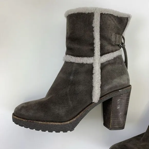 Frye Jen Shearling Short Block Heel Boots Gray Smoke Suede Ankle Zip Womens 8