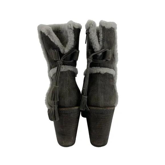 Frye Jen Shearling Short Block Heel Boots Gray Smoke Suede Ankle Zip Womens 8