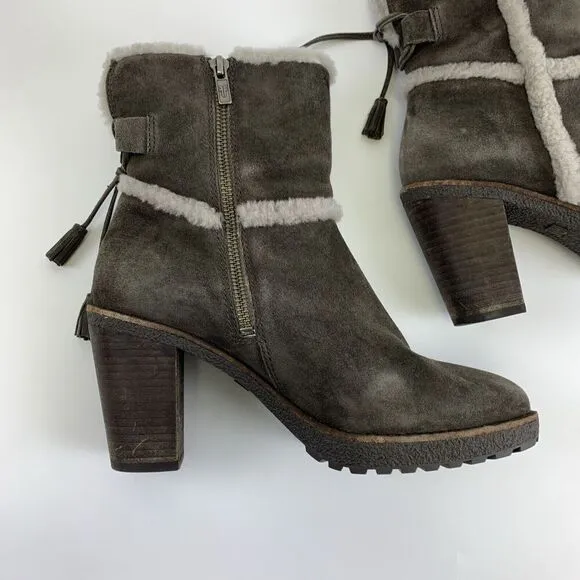 Frye Jen Shearling Short Block Heel Boots Gray Smoke Suede Ankle Zip Womens 8