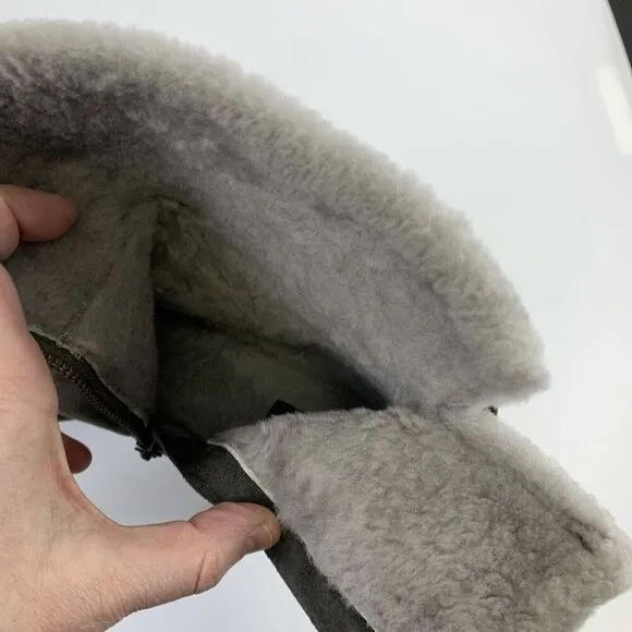 Frye Jen Shearling Short Block Heel Boots Gray Smoke Suede Ankle Zip Womens 8