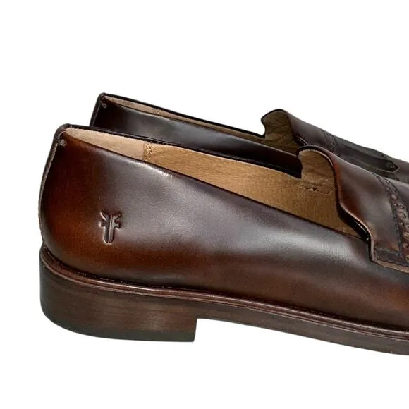 Frye Luxury Emory Burnished Brown Leather Kiltie Fringe Loafer Flats Size 7