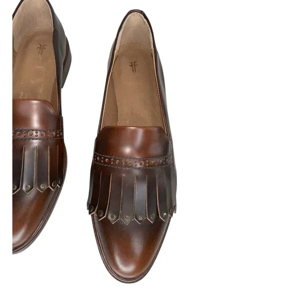 Frye Luxury Emory Burnished Brown Leather Kiltie Fringe Loafer Flats Size 7