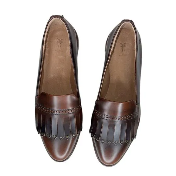 Frye Luxury Emory Burnished Brown Leather Kiltie Fringe Loafer Flats Size 7