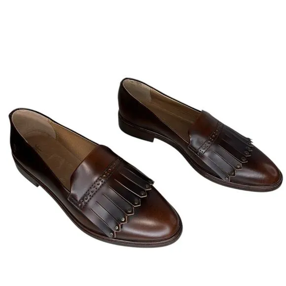 Frye Luxury Emory Burnished Brown Leather Kiltie Fringe Loafer Flats Size 7
