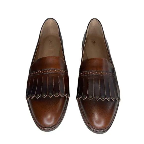 Frye Luxury Emory Burnished Brown Leather Kiltie Fringe Loafer Flats Size 7