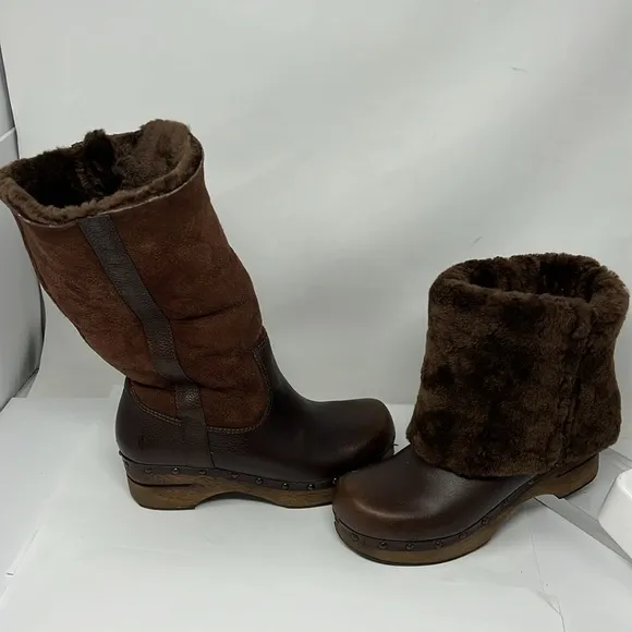 Frye Morgan Sz 7.5 Clog Shearling Fully Lined Leather Pull On Boots