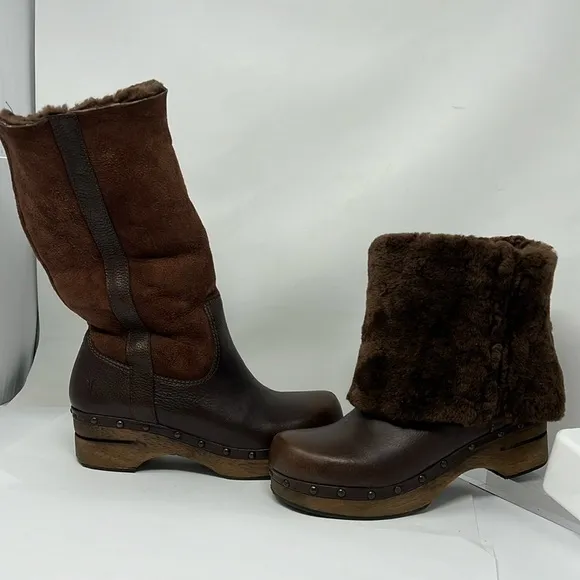 Frye Morgan Sz 7.5 Clog Shearling Fully Lined Leather Pull On Boots