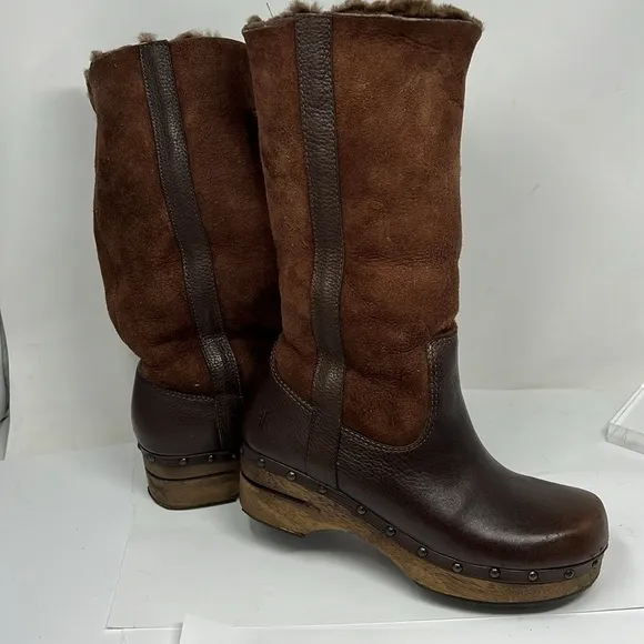 Frye Morgan Sz 7.5 Clog Shearling Fully Lined Leather Pull On Boots