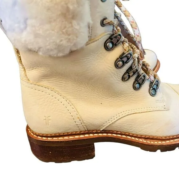 FRYE Samantha Hiker Boot Ivory Nubuck Leather Shearling size 8.5 women’s
