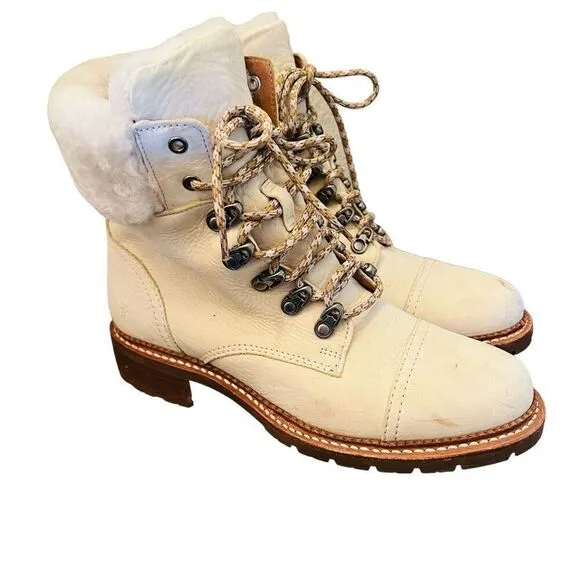 FRYE Samantha Hiker Boot Ivory Nubuck Leather Shearling size 8.5 women’s
