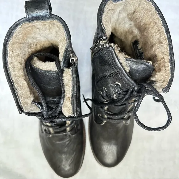 Frye Shearling Lined Valerie Lace Up Combat Ankle Black Leather Boots Size 10