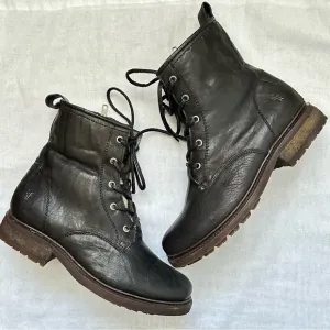 Frye Shearling Lined Valerie Lace Up Combat Ankle Black Leather Boots Size 10