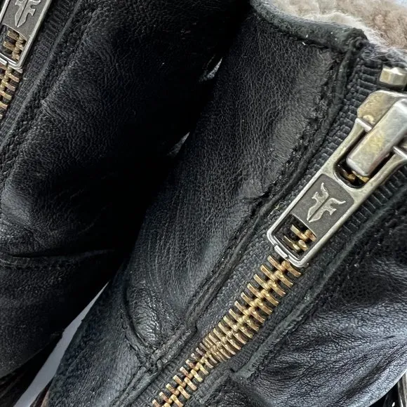 FRYE Valerie 6 Black Shearling Moto Buckle Motorcycle Boots Booties