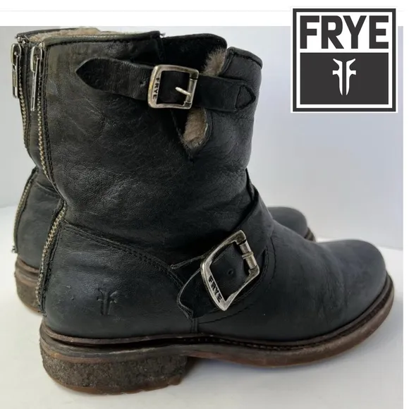 FRYE Valerie 6 Black Shearling Moto Buckle Motorcycle Boots Booties