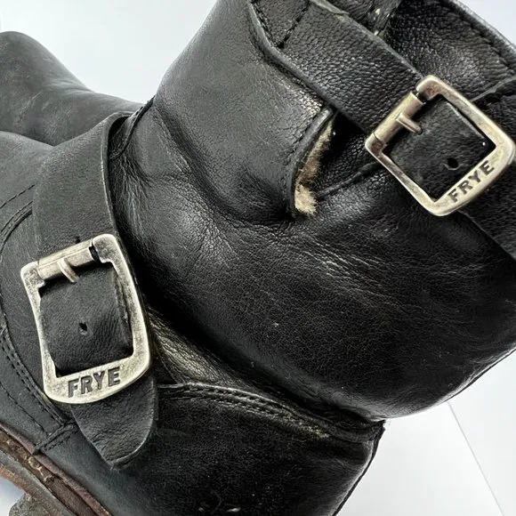 FRYE Valerie 6 Black Shearling Moto Buckle Motorcycle Boots Booties