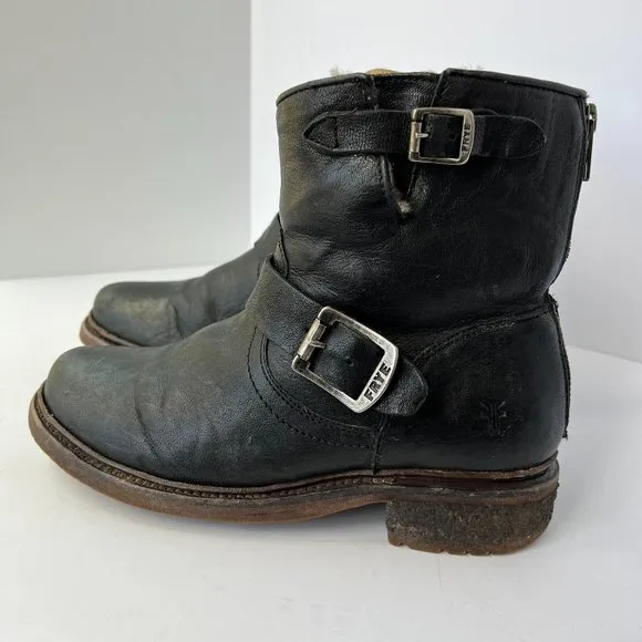 FRYE Valerie 6 Black Shearling Moto Buckle Motorcycle Boots Booties