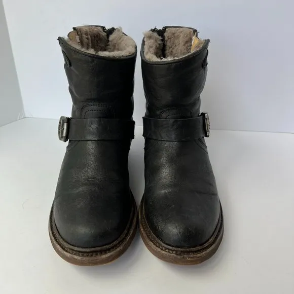 FRYE Valerie 6 Black Shearling Moto Buckle Motorcycle Boots Booties