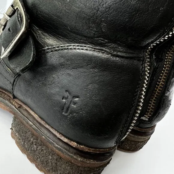FRYE Valerie 6 Black Shearling Moto Buckle Motorcycle Boots Booties
