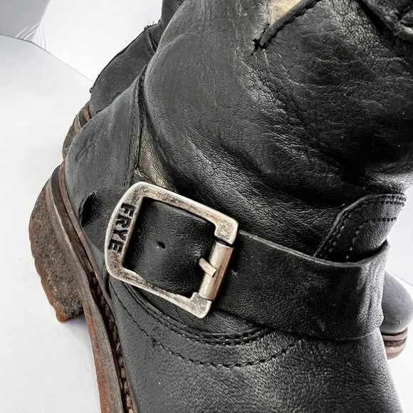 FRYE Valerie 6 Black Shearling Moto Buckle Motorcycle Boots Booties