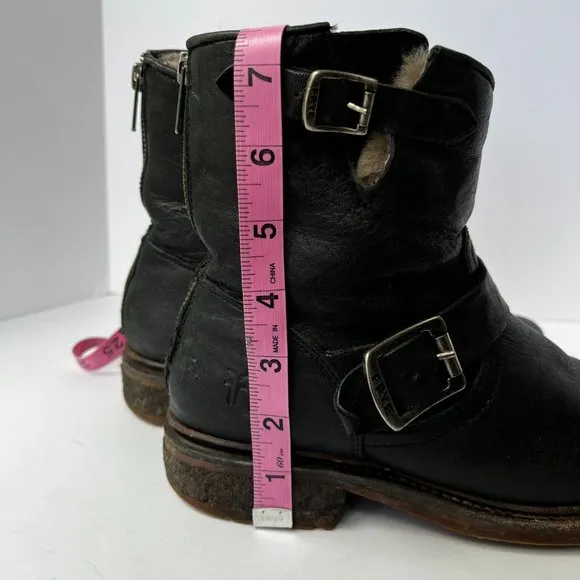 FRYE Valerie 6 Black Shearling Moto Buckle Motorcycle Boots Booties