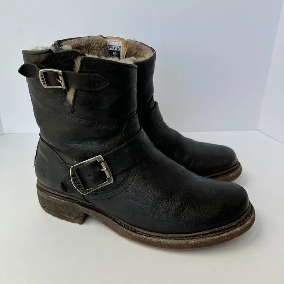 FRYE Valerie 6 Black Shearling Moto Buckle Motorcycle Boots Booties