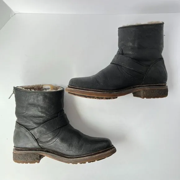 FRYE Valerie 6 Black Shearling Moto Buckle Motorcycle Boots Booties