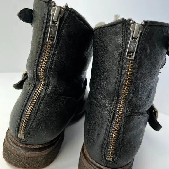 FRYE Valerie 6 Black Shearling Moto Buckle Motorcycle Boots Booties