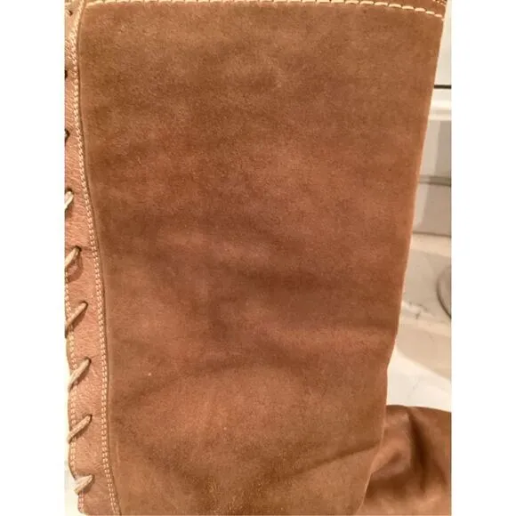 Frye Womens Celia Shearling Back Lace Boot Sz 9 Leather Fawn 16” Shaft