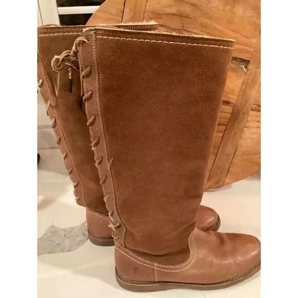 Frye Womens Celia Shearling Back Lace Boot Sz 9 Leather Fawn 16” Shaft