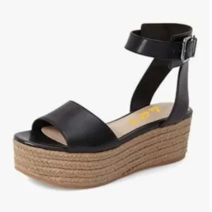 FSJ Black Open Toe Platform Wedge High Heel Espadrilles Sandals Ankle Strap Shoe