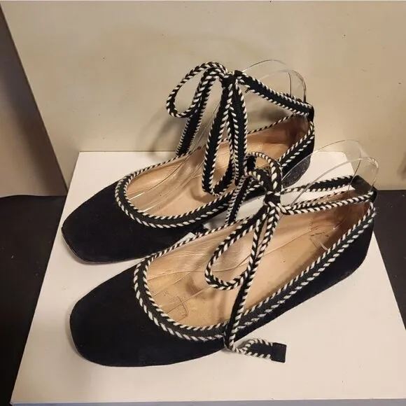 Furla &quot;Bouganville&quot; Black Luxe Suede Ballet Flats w/Laces Sz.7.5/38.5 MSRP $295