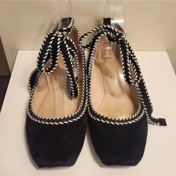 Furla &quot;Bouganville&quot; Black Luxe Suede Ballet Flats w/Laces Sz.7.5/38.5 MSRP $295
