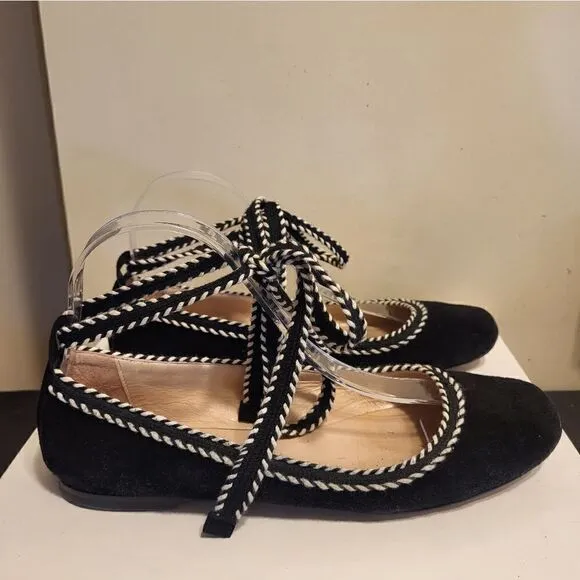 Furla &quot;Bouganville&quot; Black Luxe Suede Ballet Flats w/Laces Sz.7.5/38.5 MSRP $295