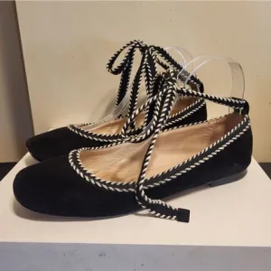 Furla &quot;Bouganville&quot; Black Luxe Suede Ballet Flats w/Laces Sz.7.5/38.5 MSRP $295