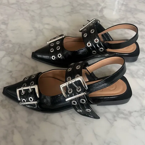Ganni Black Buckle Slingback Ballet Flats - Faux Patent Leather