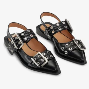 Ganni Black Buckle Slingback Ballet Flats - Faux Patent Leather