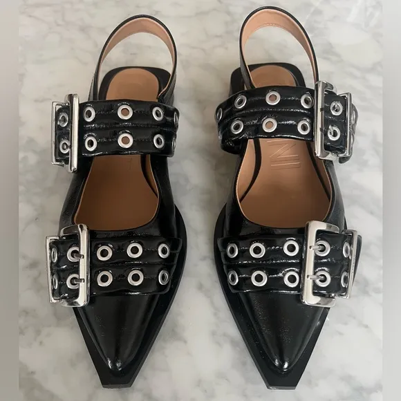 Ganni Black Buckle Slingback Ballet Flats - Faux Patent Leather