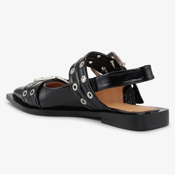 Ganni Black Buckle Slingback Ballet Flats - Faux Patent Leather