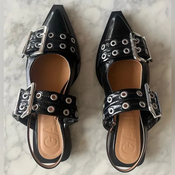 Ganni Black Buckle Slingback Ballet Flats - Faux Patent Leather