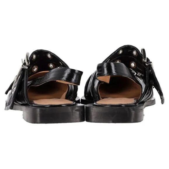 Ganni Buckled Slingback Ballet Flats in Black Leather