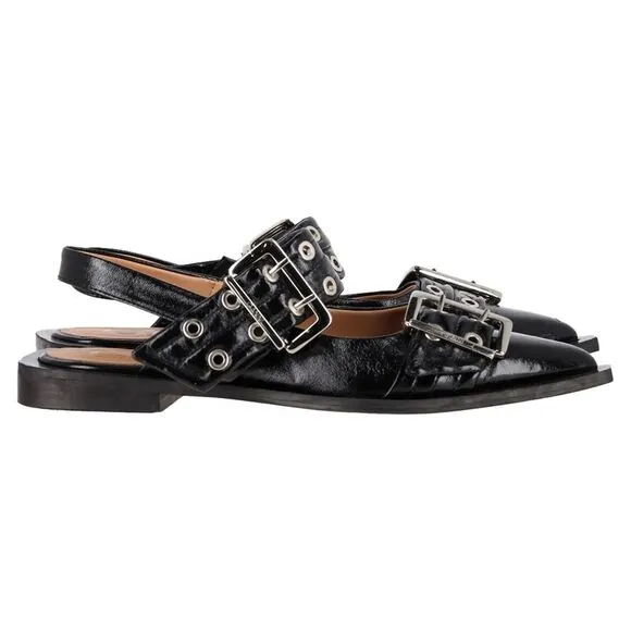 Ganni Buckled Slingback Ballet Flats in Black Leather