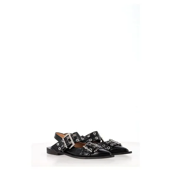 Ganni Buckled Slingback Ballet Flats in Black Leather