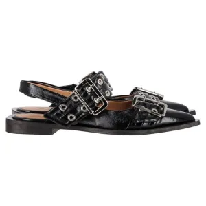 Ganni Buckled Slingback Ballet Flats in Black Leather