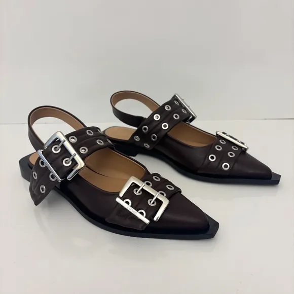 GANNI Feminine Buckle Ballerina Leather Flats in Chocolate Fondant NEW