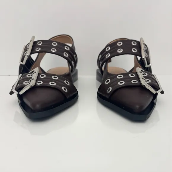GANNI Feminine Buckle Ballerina Leather Flats in Chocolate Fondant NEW