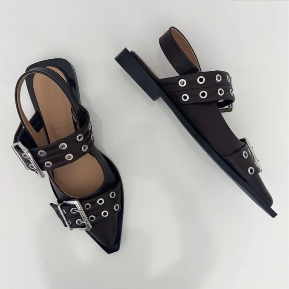 GANNI Feminine Buckle Ballerina Leather Flats in Chocolate Fondant NEW