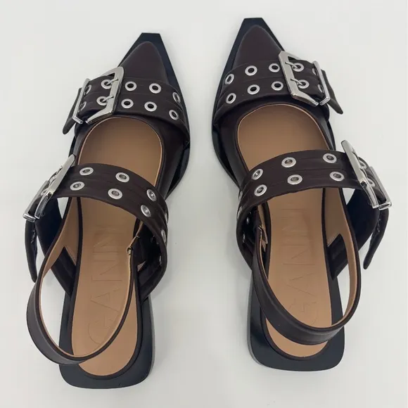 GANNI Feminine Buckle Ballerina Leather Flats in Chocolate Fondant NEW