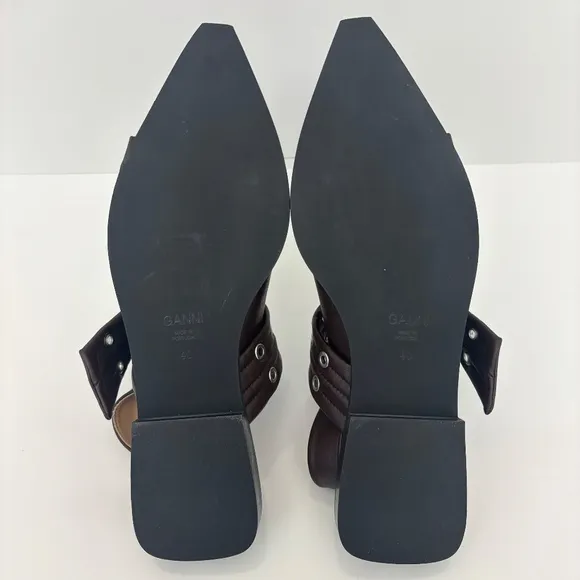 GANNI Feminine Buckle Ballerina Leather Flats in Chocolate Fondant NEW